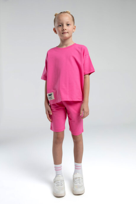 Rolypoly Kız Çocuk Pamuklu Bisiklet Yaka Pigment Baskılı Yazlık Regular Fit Pembe Bermuda Takım RP3592-C-V2 