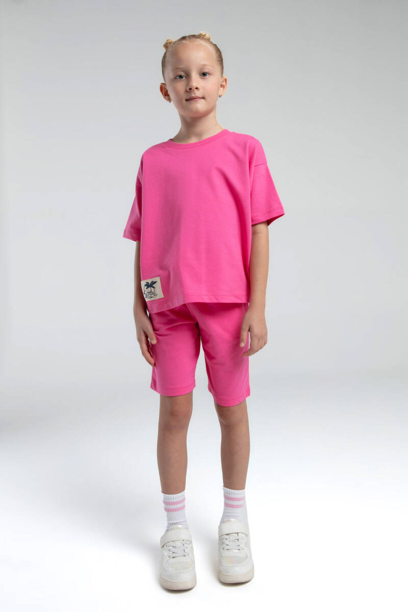 Rolypoly Kız Çocuk Pamuklu Bisiklet Yaka Pigment Baskılı Yazlık Regular Fit Pembe Bermuda Takım RP3592-C-V2 - 1