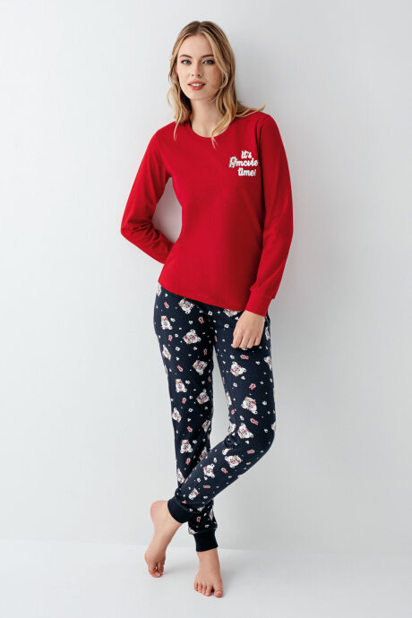Rolypoly Kadın Pamuklu Bisiklet Yaka Pigment Baskılı Kışlık Regular Fit Kırmızı Pijama Takımı RP3678-S-V1