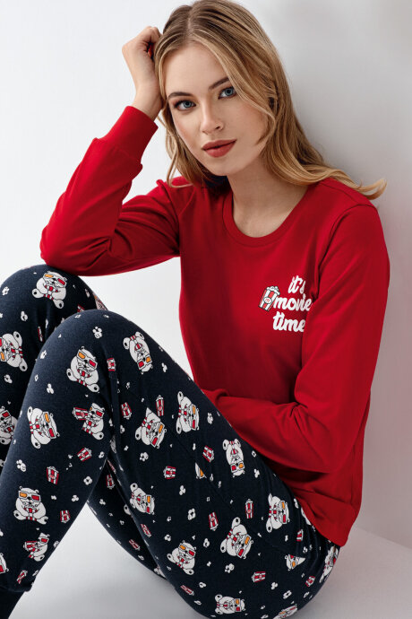 Rolypoly Kadın Pamuklu Bisiklet Yaka Pigment Baskılı Kışlık Regular Fit Kırmızı Pijama Takımı RP3678-S-V1 - 3