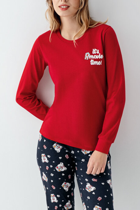 Rolypoly Kadın Pamuklu Bisiklet Yaka Pigment Baskılı Kışlık Regular Fit Kırmızı Pijama Takımı RP3678-S-V1 - 4