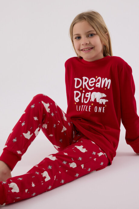 Rolypoly Kız Çocuk Pamuklu Bisiklet Yaka Pigment Baskılı Kışlık Regular Fit Kırmızı Pijama Takımı RP3717-C-V1