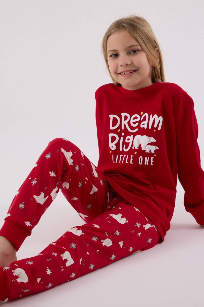 Rolypoly Kız Çocuk Pamuklu Bisiklet Yaka Pigment Baskılı Kışlık Regular Fit Kırmızı Pijama Takımı RP3717-C-V1 - 1