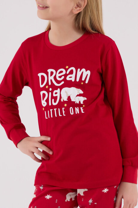 Rolypoly Kız Çocuk Pamuklu Bisiklet Yaka Pigment Baskılı Kışlık Regular Fit Kırmızı Pijama Takımı RP3717-C-V1 - 4