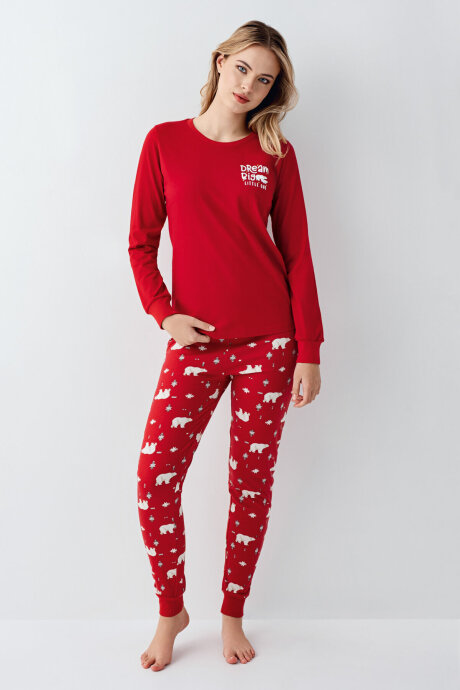 Rolypoly Kadın Pamuklu Bisiklet Yaka Pigment Baskılı Kışlık Regular Fit Kırmızı Pijama Takımı RP3717-S-V1