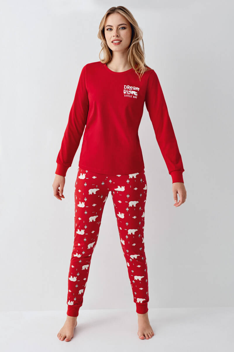 Rolypoly Kadın Pamuklu Bisiklet Yaka Pigment Baskılı Kışlık Regular Fit Kırmızı Pijama Takımı RP3717-S-V1 - 3