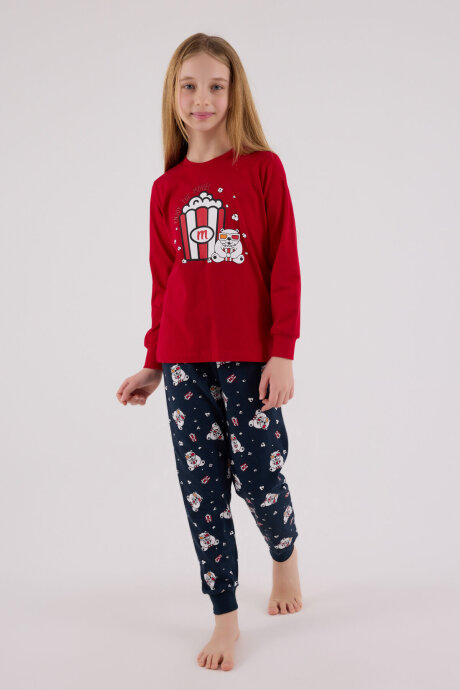 Rolypoly Kız Çocuk Pamuklu Bisiklet Yaka Pigment Baskılı Kışlık Regular Fit Kırmızı Pijama Takımı RP3678-C-V1 - 3