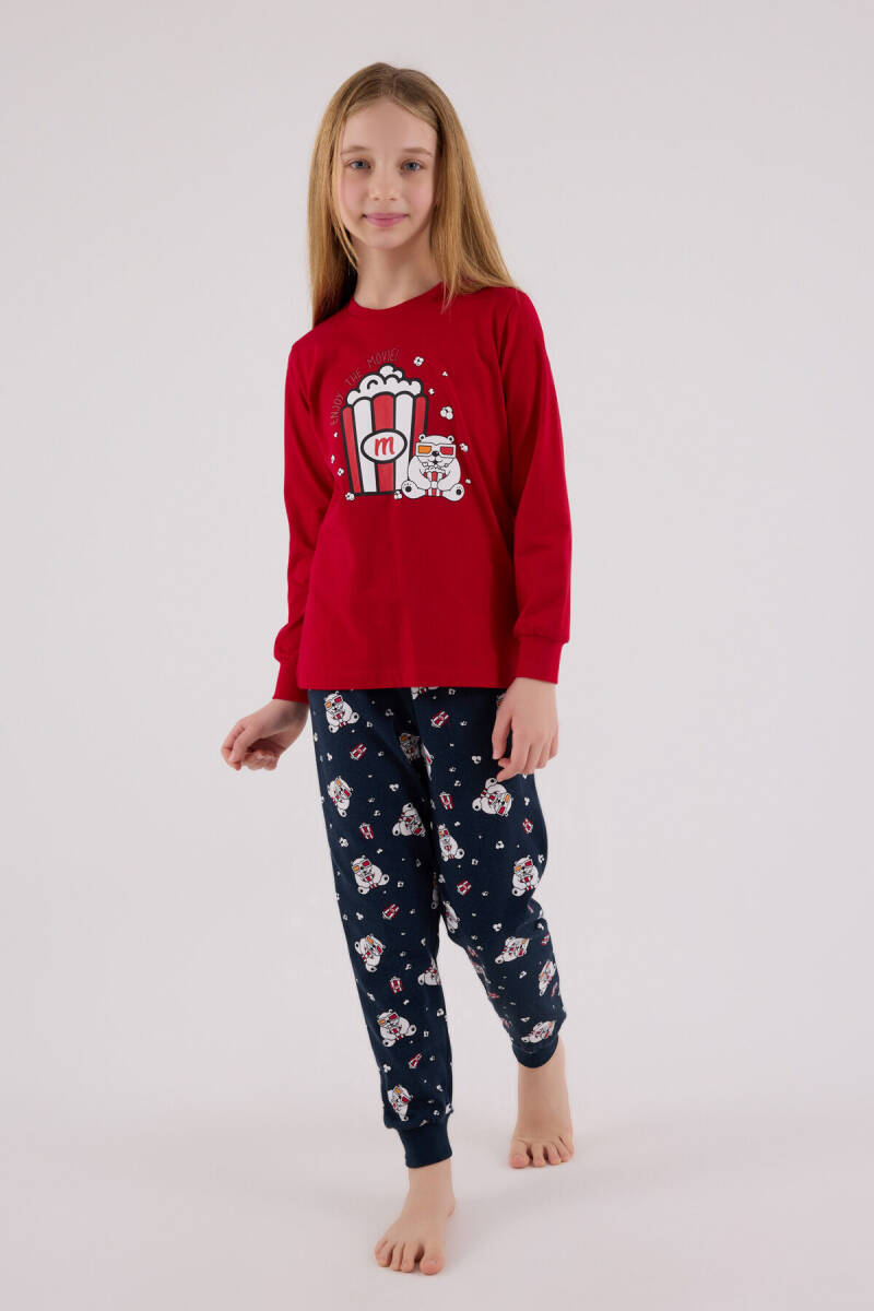Rolypoly Kız Çocuk Pamuklu Bisiklet Yaka Pigment Baskılı Kışlık Regular Fit Kırmızı Pijama Takımı RP3678-C-V1 - 3