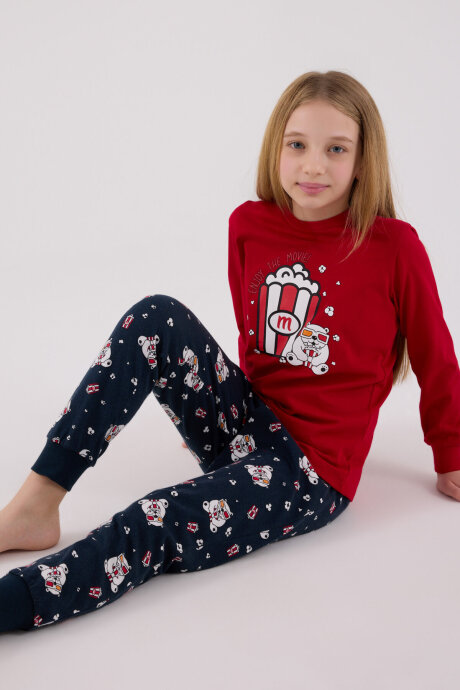Rolypoly Kız Çocuk Pamuklu Bisiklet Yaka Pigment Baskılı Kışlık Regular Fit Kırmızı Pijama Takımı RP3678-C-V1