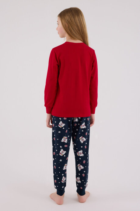 Rolypoly Kız Çocuk Pamuklu Bisiklet Yaka Pigment Baskılı Kışlık Regular Fit Kırmızı Pijama Takımı RP3678-C-V1 - 4