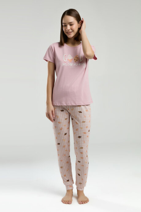 Rolypoly Kadın Pamuklu Bisiklet Yaka Pigment Baskılı Yazlık Regular Fit Pembe Pijama Takımı RP3587-S-V1 (1)