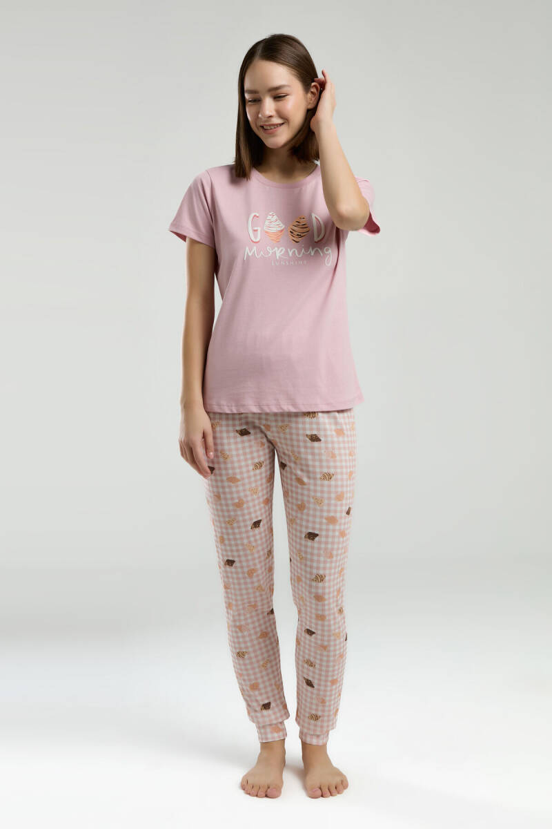 Rolypoly Kadın Pamuklu Bisiklet Yaka Pigment Baskılı Yazlık Regular Fit Pembe Pijama Takımı RP3587-S-V1 - 2