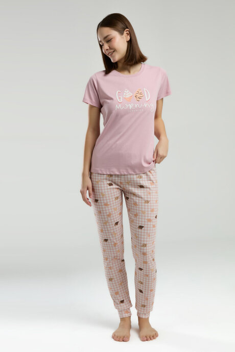 Rolypoly Kadın Pamuklu Bisiklet Yaka Pigment Baskılı Yazlık Regular Fit Pembe Pijama Takımı RP3587-S-V1 - 3