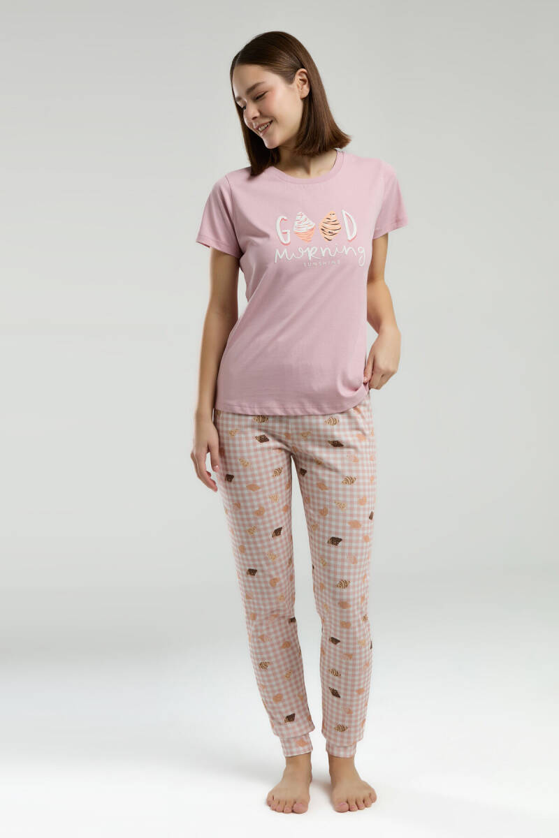 Rolypoly Kadın Pamuklu Bisiklet Yaka Pigment Baskılı Yazlık Regular Fit Pembe Pijama Takımı RP3587-S-V1 - 3
