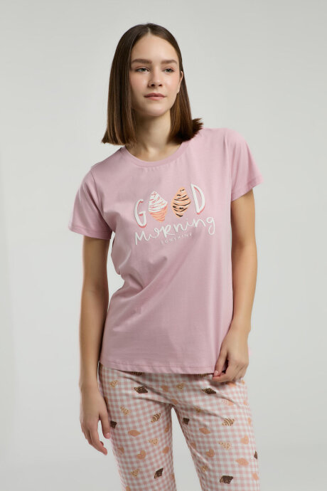 Rolypoly Kadın Pamuklu Bisiklet Yaka Pigment Baskılı Yazlık Regular Fit Pembe Pijama Takımı RP3587-S-V1 - 4