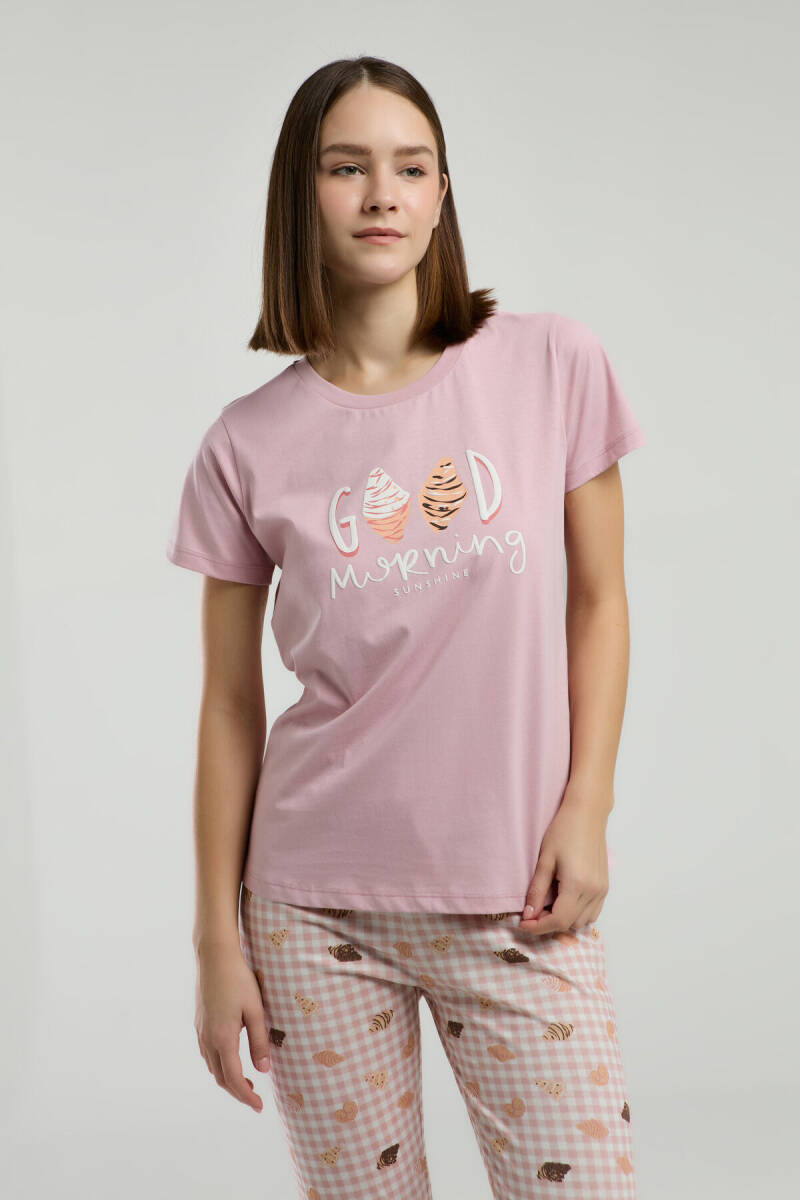 Rolypoly Kadın Pamuklu Bisiklet Yaka Pigment Baskılı Yazlık Regular Fit Pembe Pijama Takımı RP3587-S-V1 - 4