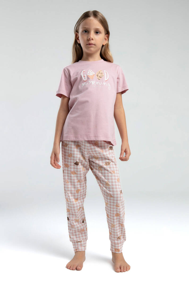 Rolypoly Kız Çocuk Pamuklu Bisiklet Yaka Pigment Baskılı Yazlık Regular Fit Pembe Pijama Takımı RP3587-C-V1 - 1