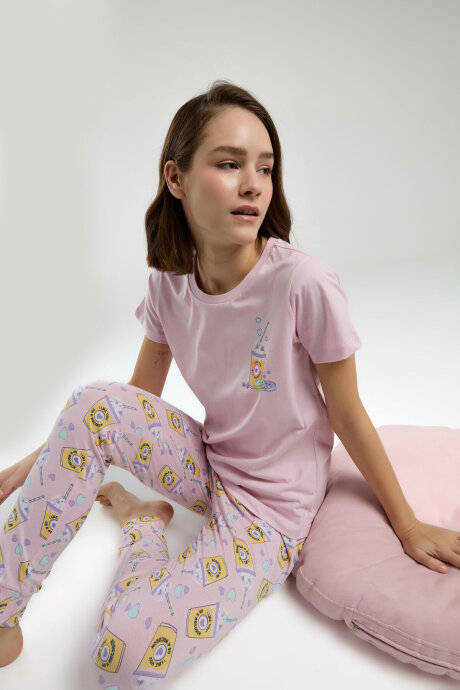 Rolypoly Kadın Pamuklu Bisiklet Yaka Pigment Baskılı Yazlık Regular Fit Pembe Pijama Takımı RP3625-S-V1 - 1