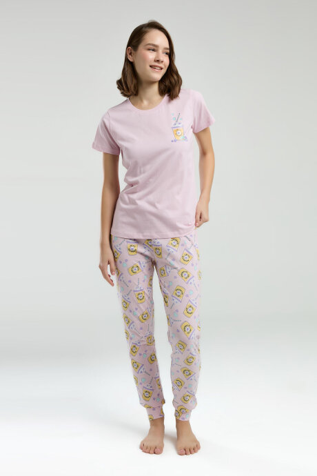 Rolypoly Kadın Pamuklu Bisiklet Yaka Pigment Baskılı Yazlık Regular Fit Pembe Pijama Takımı RP3625-S-V1 - 2