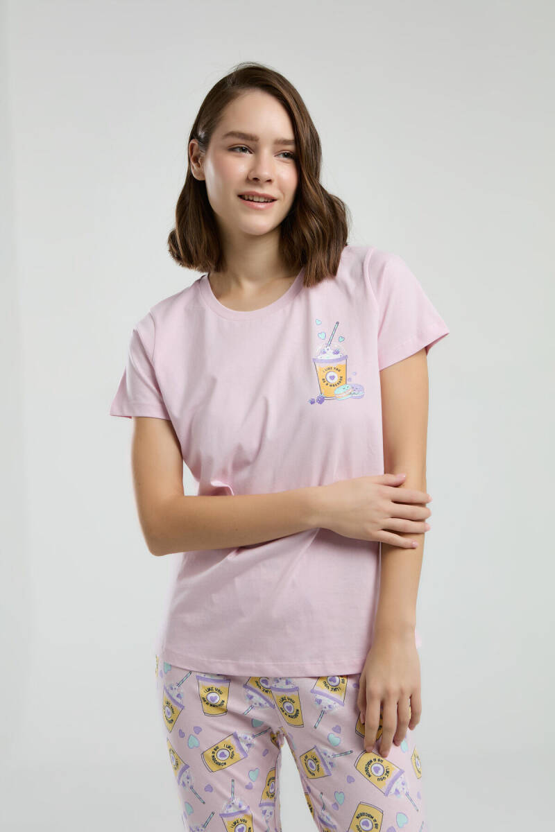 Rolypoly Kadın Pamuklu Bisiklet Yaka Pigment Baskılı Yazlık Regular Fit Pembe Pijama Takımı RP3625-S-V1 - 3