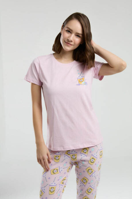 Rolypoly Kadın Pamuklu Bisiklet Yaka Pigment Baskılı Yazlık Regular Fit Pembe Pijama Takımı RP3625-S-V1 - 4