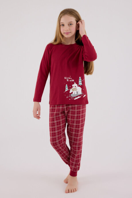 Arnetta Kız Çocuk Pamuklu Bisiklet Yaka Pigment Baskılı Kışlık Regular Fit Bordo Pijama Takımı AR3445-C-V1