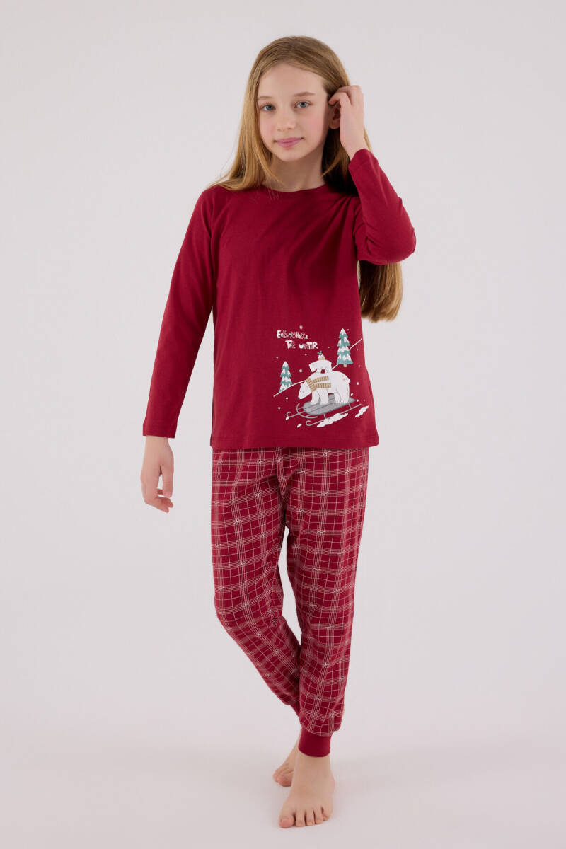 Arnetta Kız Çocuk Pamuklu Bisiklet Yaka Pigment Baskılı Kışlık Regular Fit Bordo Pijama Takımı AR3445-C-V1 - 1