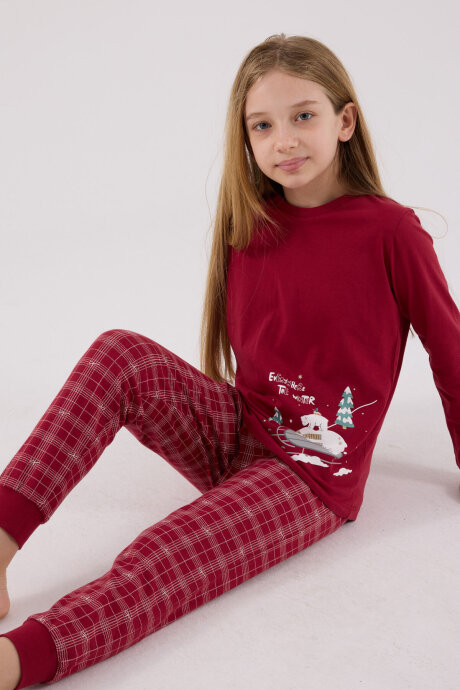Arnetta Kız Çocuk Pamuklu Bisiklet Yaka Pigment Baskılı Kışlık Regular Fit Bordo Pijama Takımı AR3445-C-V1 - 3