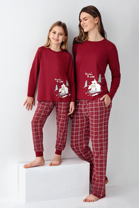 Arnetta Kız Çocuk Pamuklu Bisiklet Yaka Pigment Baskılı Kışlık Regular Fit Bordo Pijama Takımı AR3445-C-V1 (1)