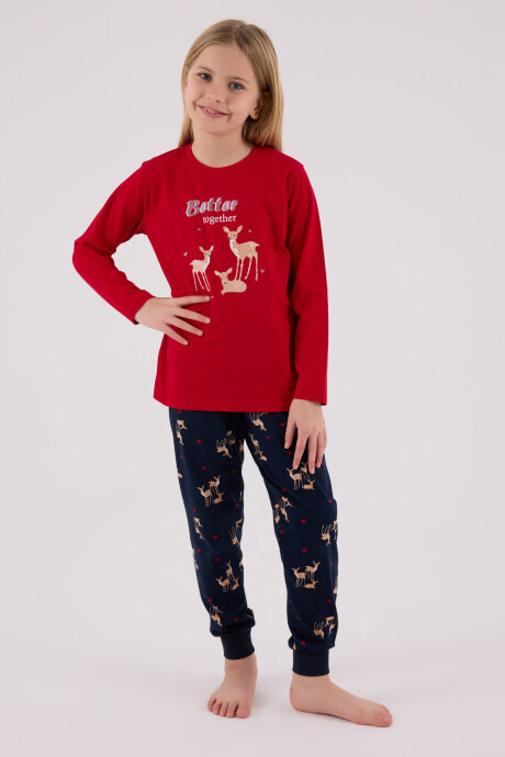 Arnetta Kız Çocuk Pamuklu Bisiklet Yaka Pigment Baskılı Kışlık Regular Fit Kırmızı Pijama Takımı AR3450-C-V2
