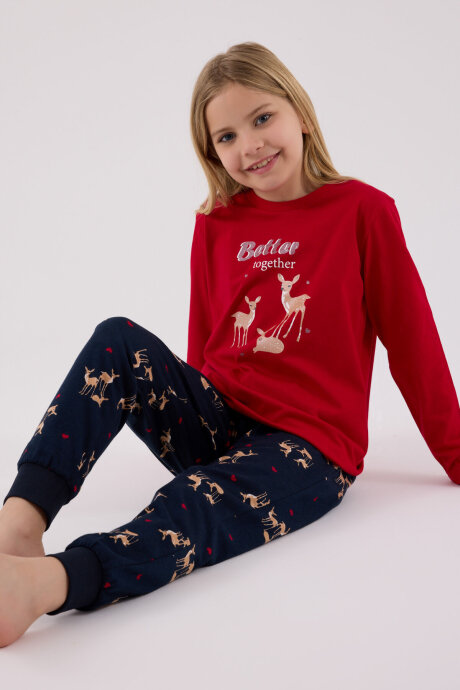 Arnetta Kız Çocuk Pamuklu Bisiklet Yaka Pigment Baskılı Kışlık Regular Fit Kırmızı Pijama Takımı AR3450-C-V2 - 4