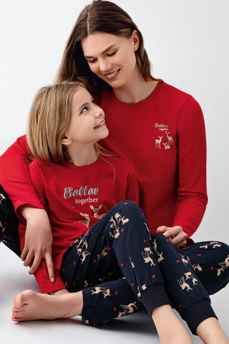 Arnetta Kız Çocuk Pamuklu Bisiklet Yaka Pigment Baskılı Kışlık Regular Fit Kırmızı Pijama Takımı AR3450-C-V2 - 3