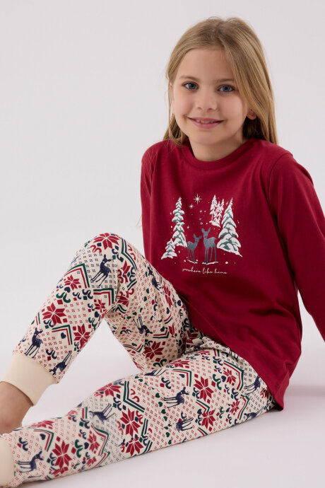 Arnetta Kız Çocuk Pamuklu Kışlık Regular Fit Kırmızı Pijama Takımı AR3452-C-V1