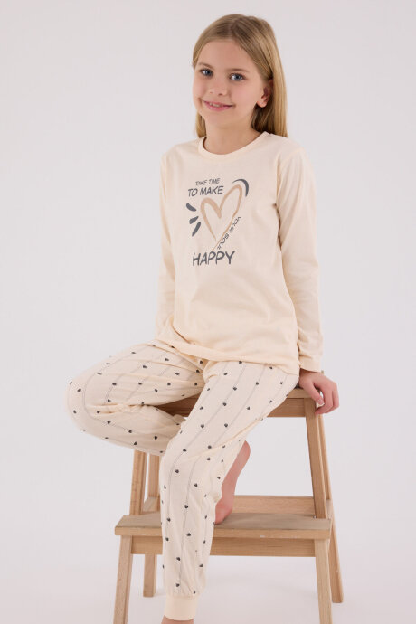 Arnetta Kız Çocuk Pamuklu Kışlık Regular Fit Krem Pijama Takımı AR3434-C-V1