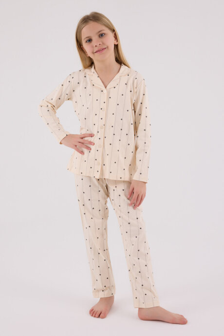Arnetta Kız Çocuk Pamuklu Bisiklet Yaka Pigment Baskılı Kışlık Regular Fit Krem Pijama Takımı AR3435-C-V1 - 3