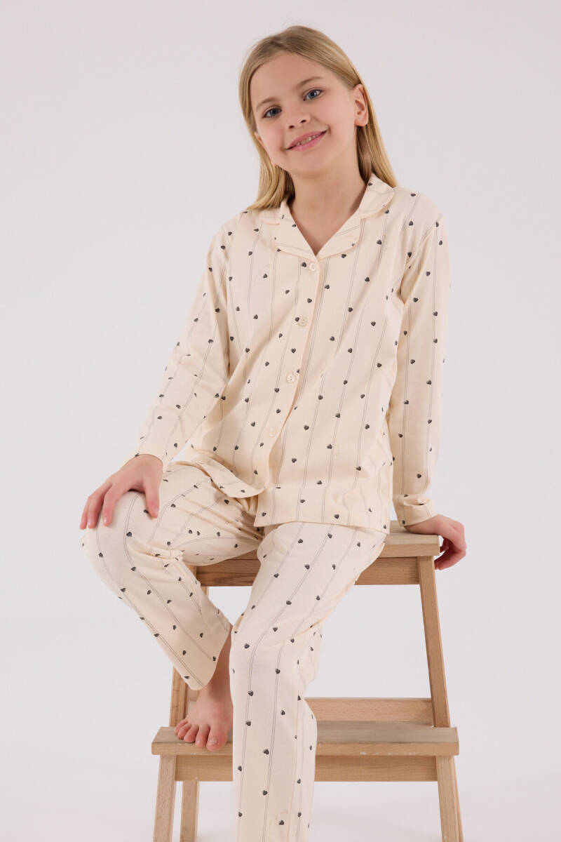 Arnetta Kız Çocuk Pamuklu Bisiklet Yaka Pigment Baskılı Kışlık Regular Fit Krem Pijama Takımı AR3435-C-V1 - 1