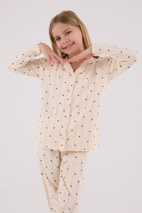 Arnetta Kız Çocuk Pamuklu Bisiklet Yaka Pigment Baskılı Kışlık Regular Fit Krem Pijama Takımı AR3435-C-V1 - 4