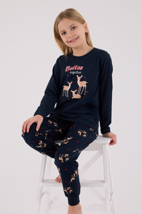 Arnetta Kız Çocuk Pamuklu Bisiklet Yaka Pigment Baskılı Kışlık Regular Fit Lacivert Pijama Takımı AR3450-C-V1