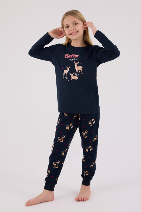 Arnetta Kız Çocuk Pamuklu Bisiklet Yaka Pigment Baskılı Kışlık Regular Fit Lacivert Pijama Takımı AR3450-C-V1 - 3