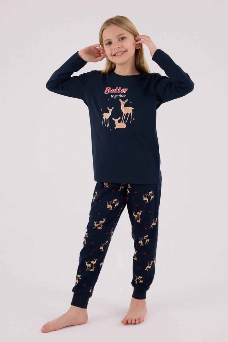 Arnetta Kız Çocuk Pamuklu Bisiklet Yaka Pigment Baskılı Kışlık Regular Fit Lacivert Pijama Takımı AR3450-C-V1 - 3