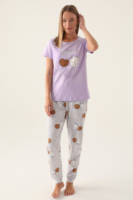 Arnetta Kadın Pamuklu Bisiklet Yaka Yazlık Regular Fit Mor Pijama Takımı AR2884-S-V1 - 2