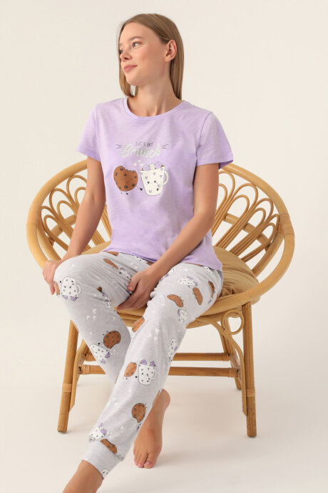Arnetta Kadın Pamuklu Bisiklet Yaka Yazlık Regular Fit Mor Pijama Takımı AR2884-S-V1 - 3
