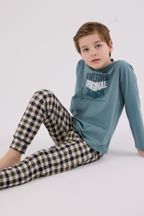 Arnetta Erkek Çocuk Pamuklu Kışlık Regular Fit Yeşil Pijama Takımı AR3510-C-V1 - 1
