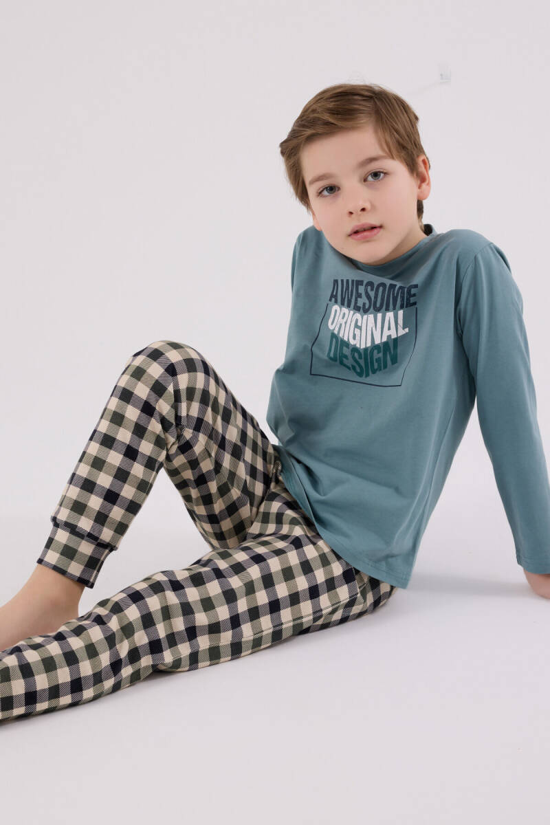 Arnetta Erkek Çocuk Pamuklu Kışlık Regular Fit Yeşil Pijama Takımı AR3510-C-V1 - 1