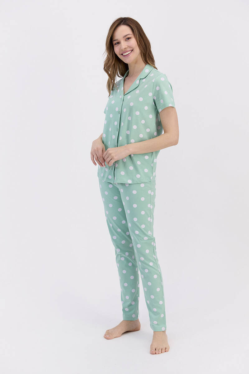 Arnetta - Arnetta Spotted Nil Yeşili Kadın Gömlek Pijama Takımı