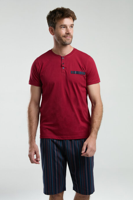 Arnetta Erkek Pamuklu Hakim Yaka Pigment Baskılı Yazlık Regular Fit Bordo Pijama Takımı AR3354-S-V2 - 3