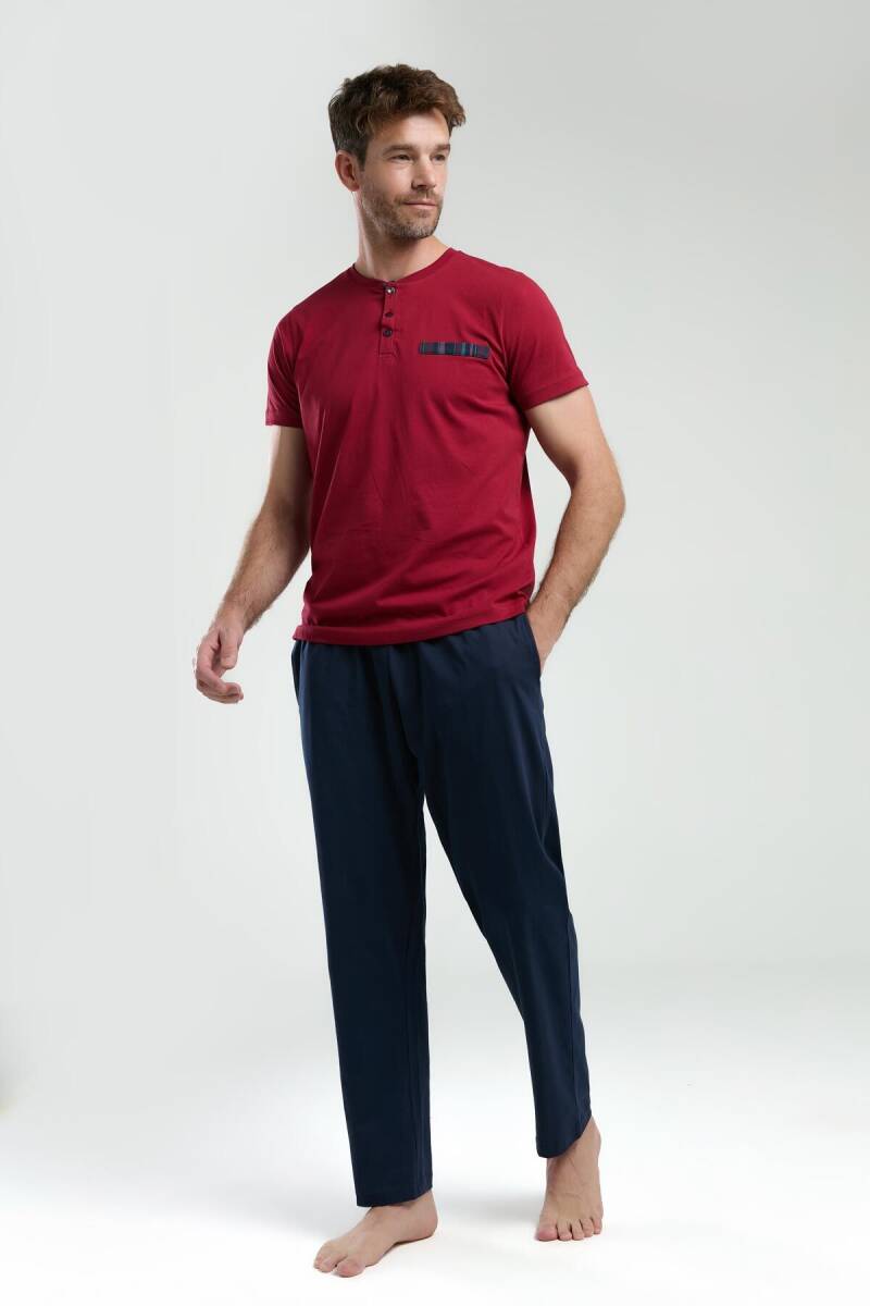Arnetta Erkek Pamuklu Hakim Yaka Pigment Baskılı Yazlık Regular Fit Bordo Pijama Takımı AR3354-S-V2 - 5