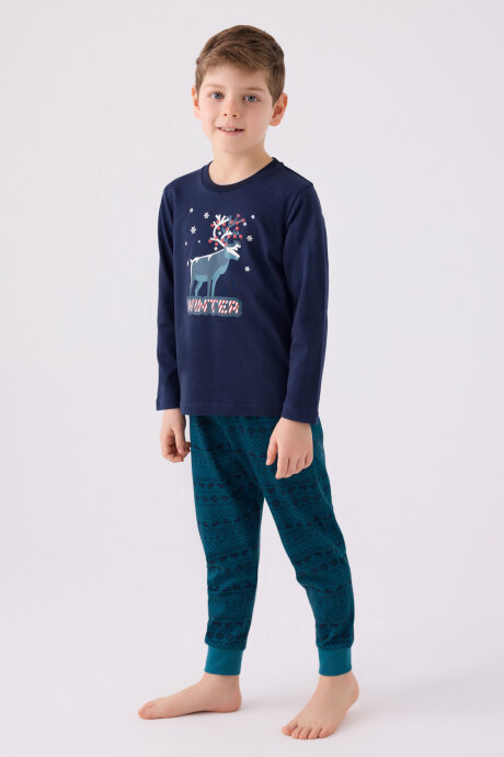 Arnetta Erkek Çocuk Bisiklet Yaka Pigment Baskılı Kışlık Regular Fit Lacivert Pijama Takımı AR3135-C-V1
