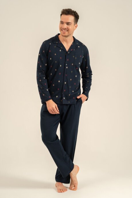 Arnetta Erkek %100 Pamuk Desenli Lacivert Gömlek Pijama Takımı AR3854-S-V1