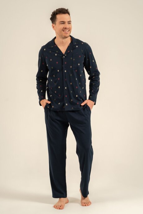 Arnetta Erkek %100 Pamuk Desenli Lacivert Gömlek Pijama Takımı AR3854-S-V1 (1)
